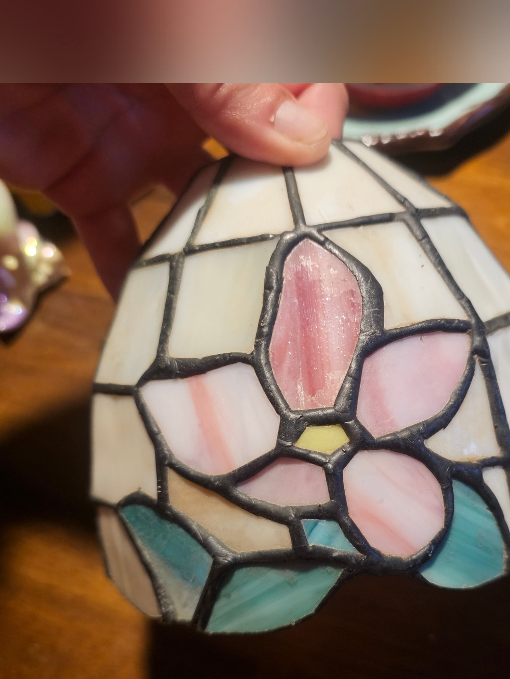 Stained Glass Lamp Shade -Floral Accent - Pink, White & Teal